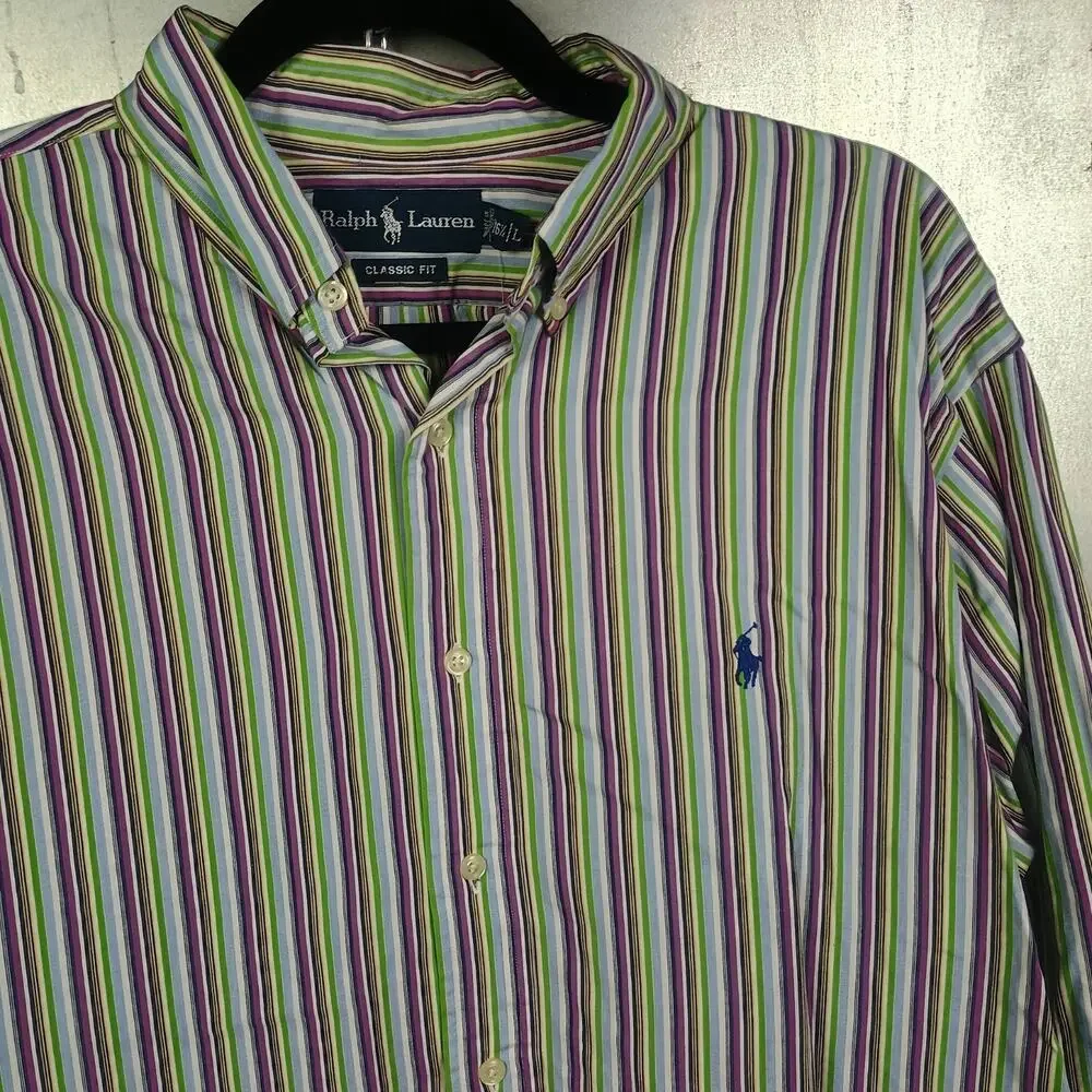 Polo Ralph Lauren Vertical Stripe Vintage Button Down Shirt Large Preppy Casual